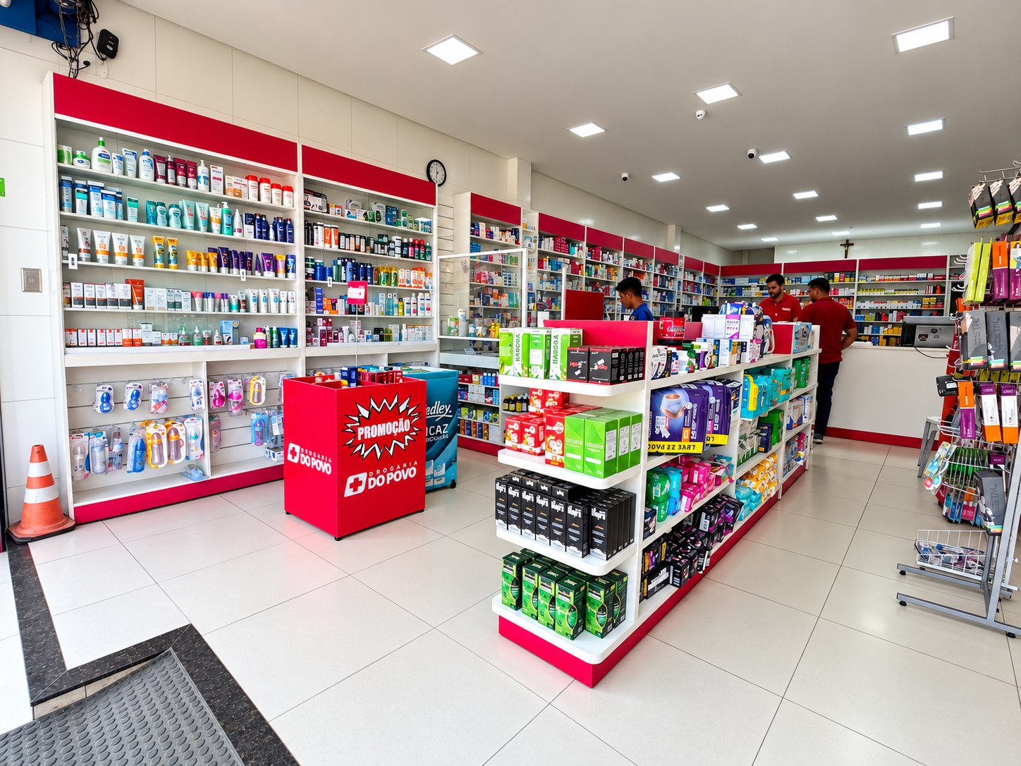 Interior da Drogaria do Povo, com prateleiras organizadas de produtos